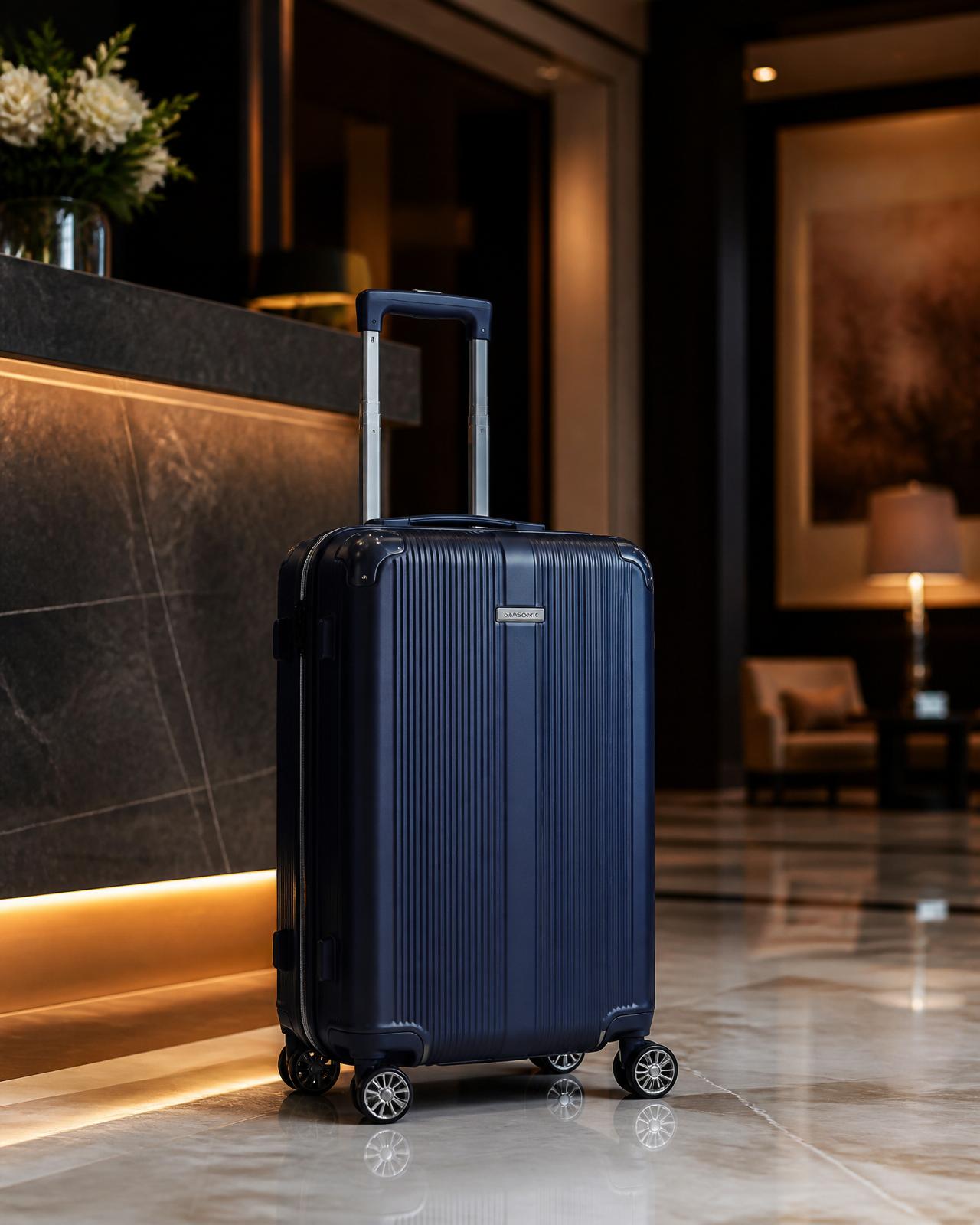 Mala de bordo Bagaggio azul marinho em lobby de hotel premium