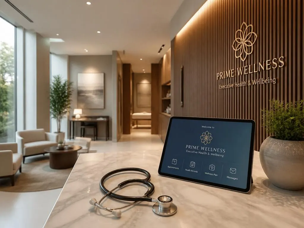 Recepção premium de clínica executiva Med-Rio Check-up com mármore e madeira